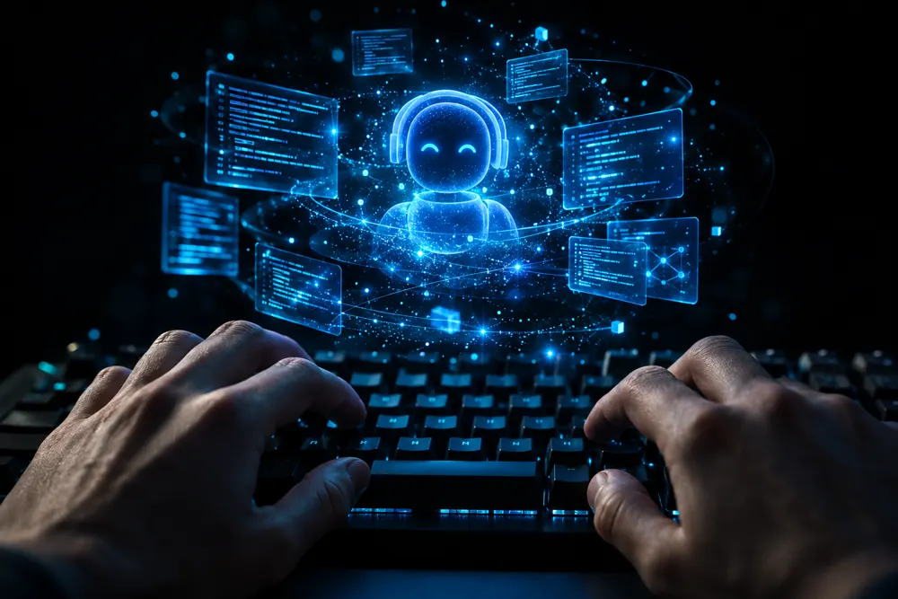 Mãos em um teclado com uma interface holográfica de código em azul