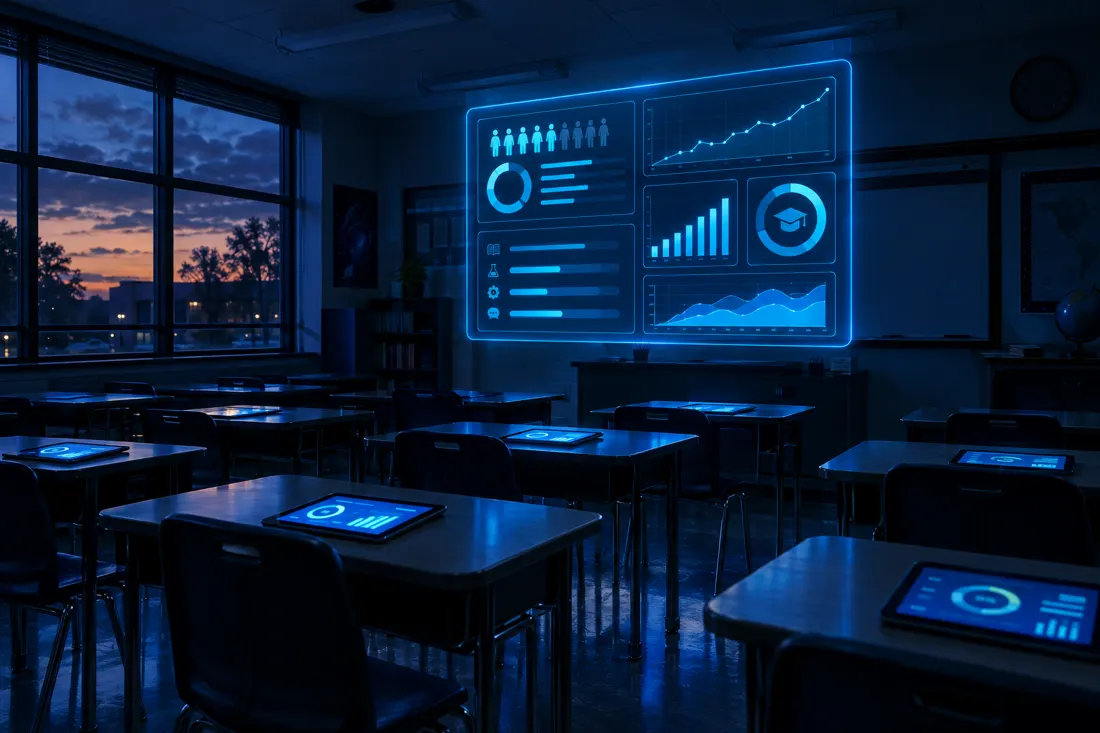 Sala de aula ao entardecer com tablets nas carteiras e painel holográfico de indicadores