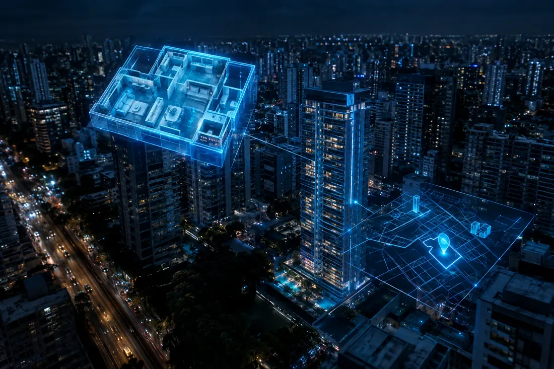 Vista noturna de prédios residenciais com planta de apartamento holográfica em azul