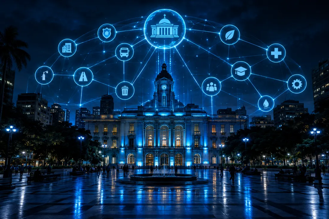Prefeitura iluminada à noite com uma rede holográfica ligando ícones de secretarias