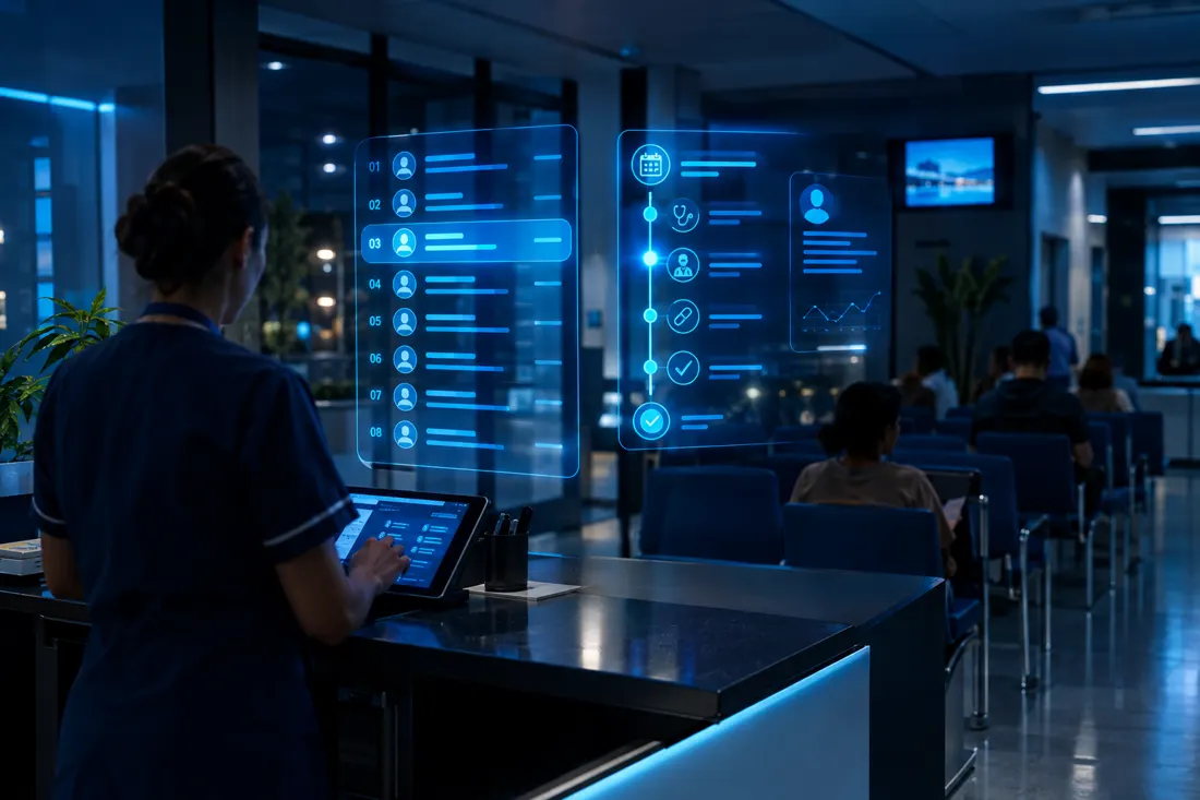 Recepção de unidade de saúde com fila de pacientes e agenda holográficas em azul