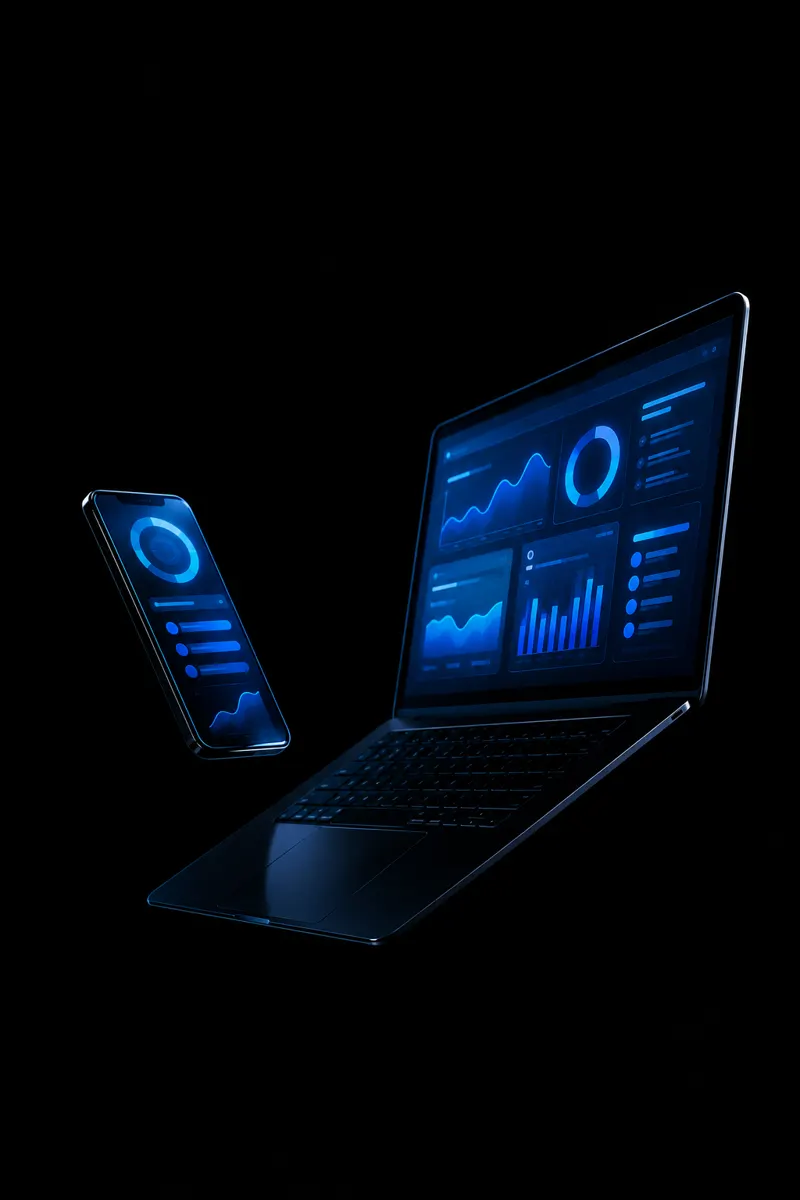 Smartphone e notebook flutuando com telas de painel em azul