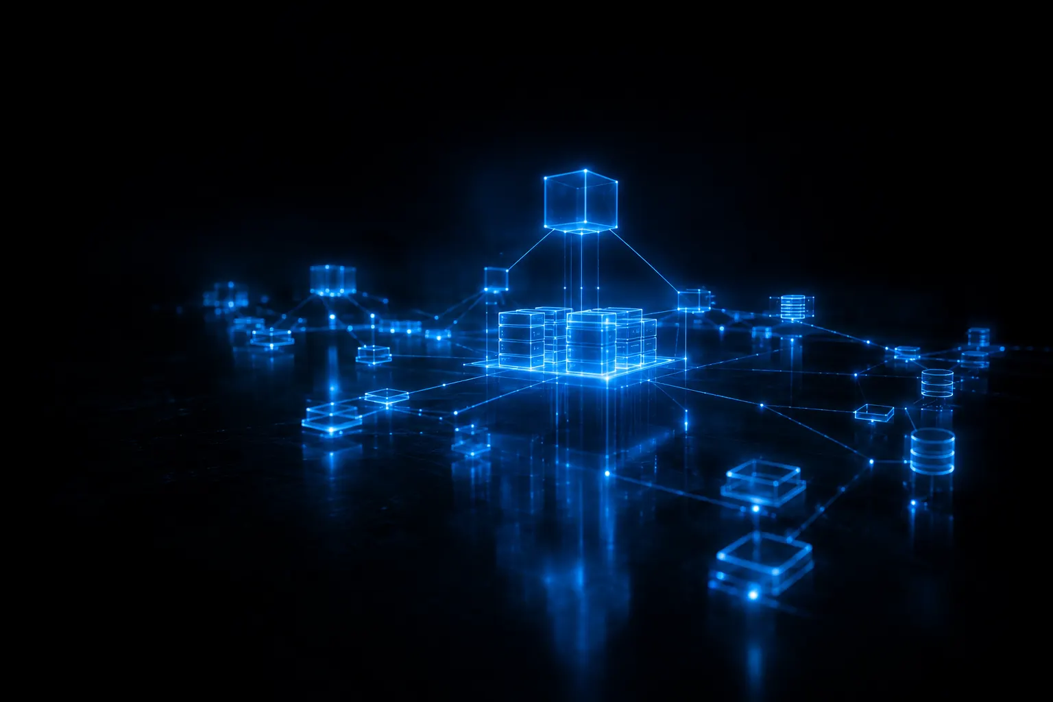 Diagrama de arquitetura em wireframe azul flutuando no escuro