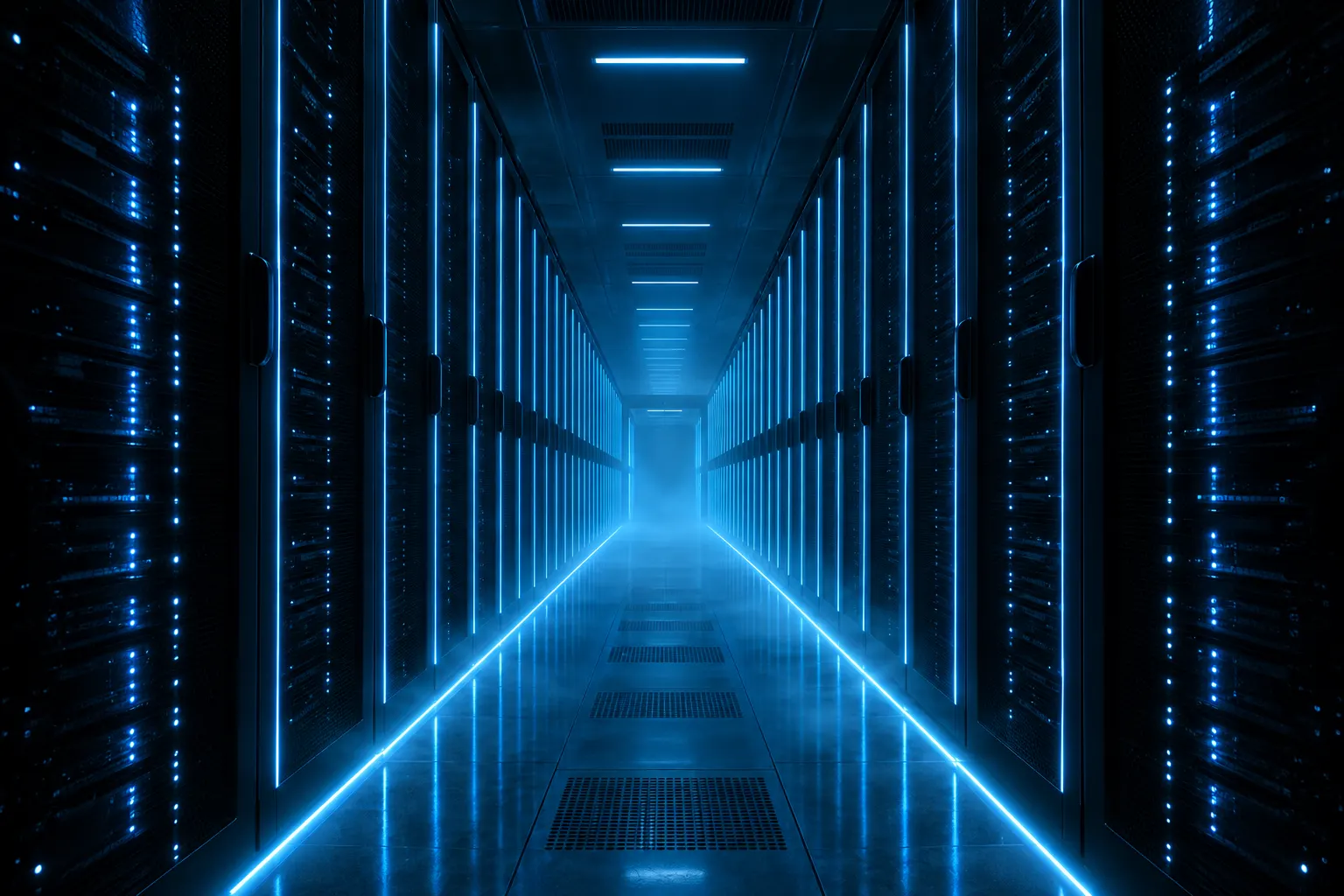 Corredor de servidores com linhas de LED azul